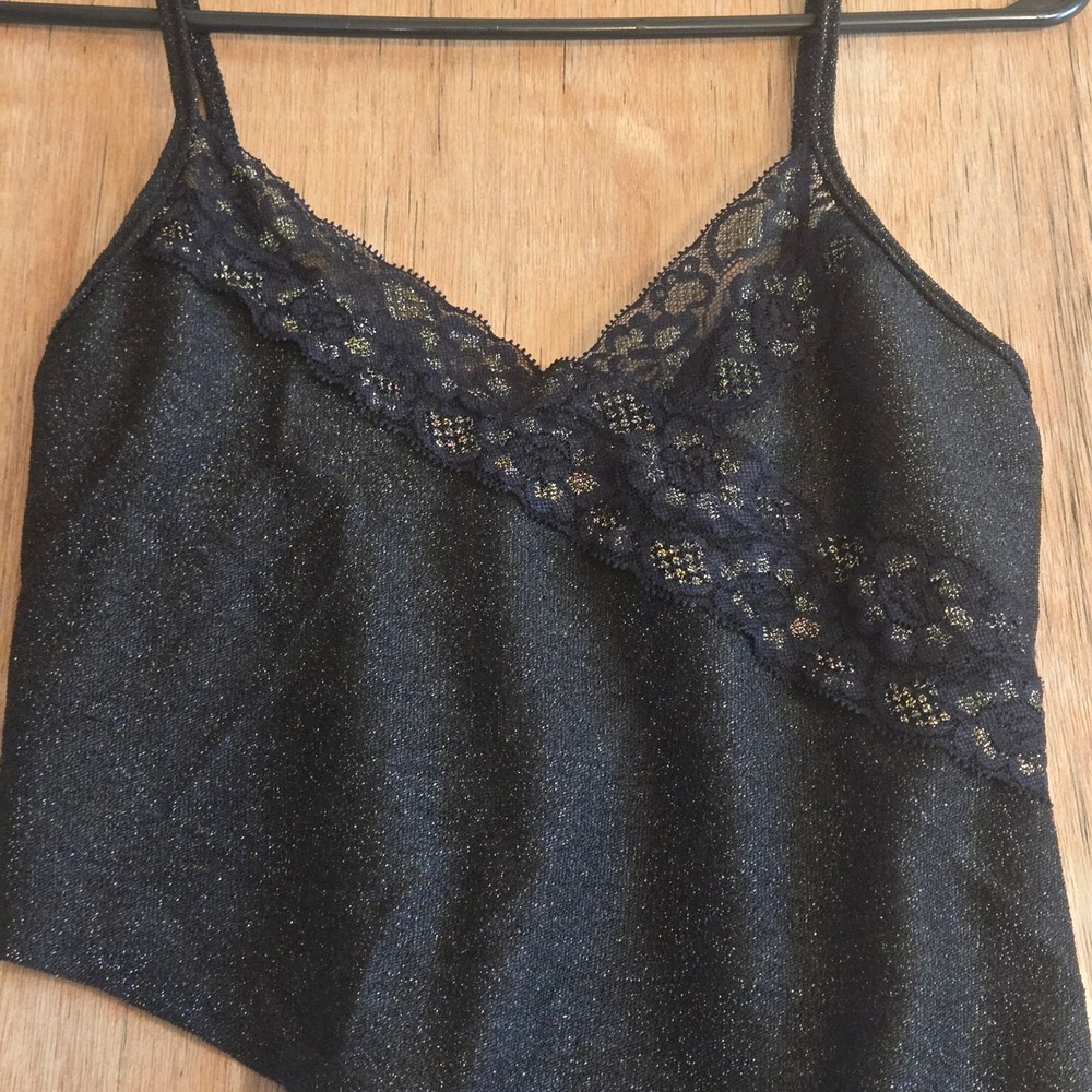 Black Glitter Asymmetric Camisole Top Metallic Lace Trim US 2 PrettyLittleThint
